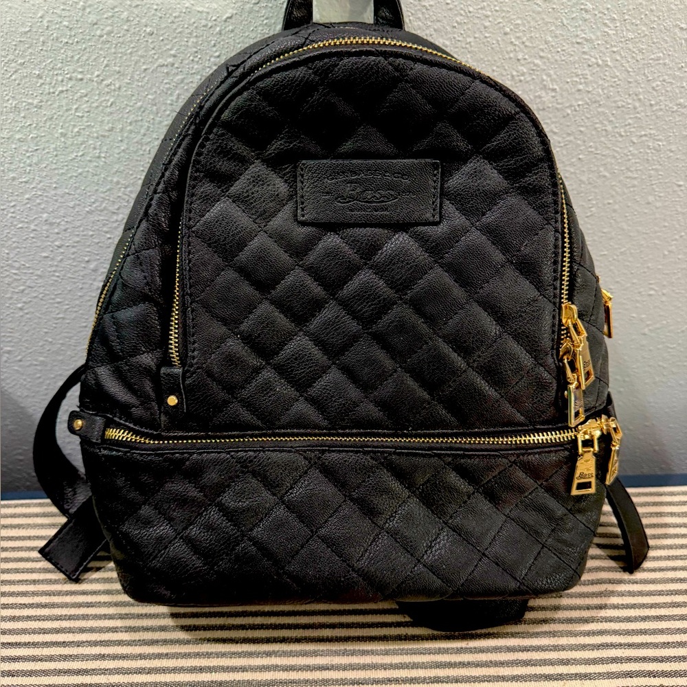 G.H. Bass & Co. Black Quilted Backpack with Gold Zippers